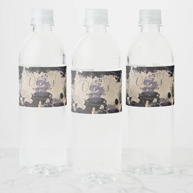A Baby is Brewing Gothic Halloween Baby Shower Water Bottle Label (Bottles)