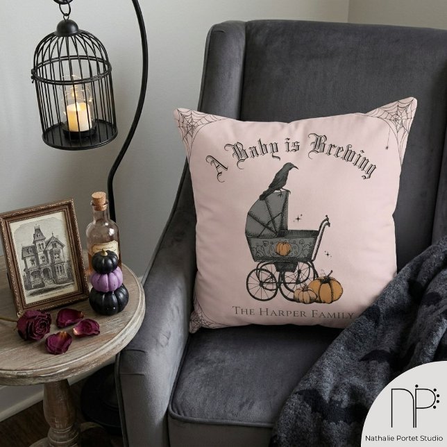 A Baby is Brewing Gothic Throw Pillow (Gothic A Baby is Brewing throw pillow, hand-drawn ink art, blush pink, fine-line nursery decor)