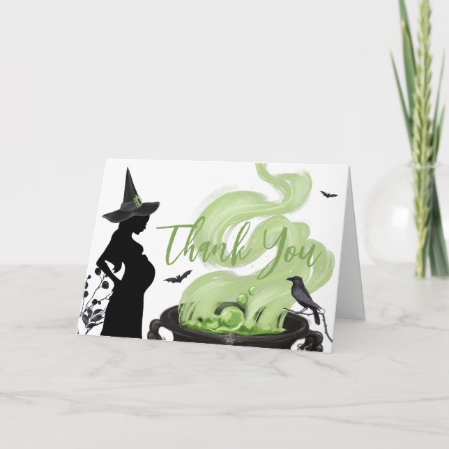 A Baby is Brewing Green Halloween Baby Shower Thank You Card (Front)