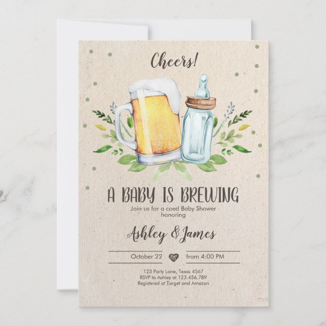 A Baby is Brewing Greenery Cheers Coed Baby Shower Invitation (Front)