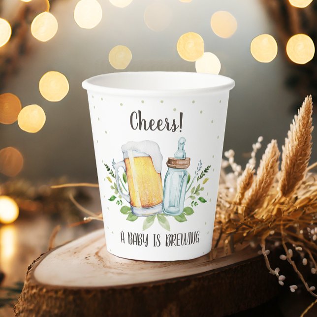 A Baby is Brewing Greenery Cheers Coed Baby Shower Paper Cups (Creator Uploaded)