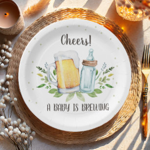 A Baby is Brewing Greenery Cheers Coed Baby Shower Paper Plate