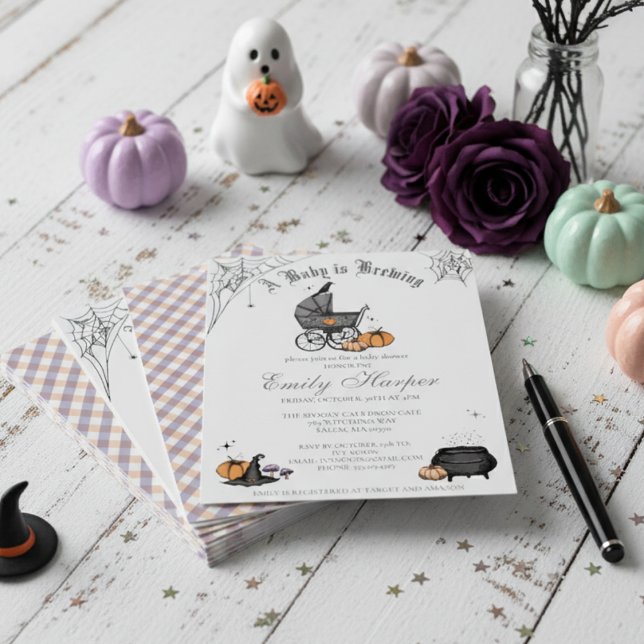 A Baby is Brewing Grey Gender Neutral Baby Shower Invitation (Cute Halloween Baby Shower Invitation in Light Gray. Pastel Purple & Orange Gingham Pattern on Back)