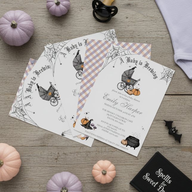 A Baby is Brewing Grey Gender Neutral Baby Shower Invitation (Cute Gothic Baby Shower Invite. Spooky Victorian Stroller, Black Crow, Orange Pumpkins, Witch Hat)