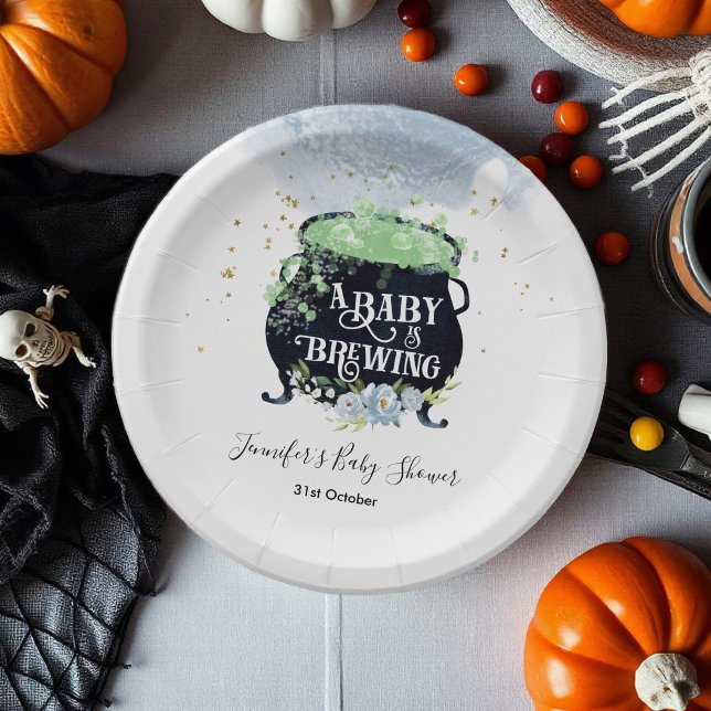 a baby is brewing Halloween Baby Shower Blue Paper Plate (Creator Uploaded)