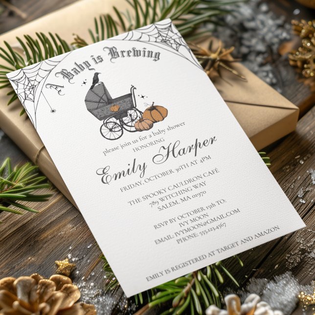 A Baby is Brewing Halloween Baby Shower Invitation (Halloween Baby Shower Invite for Fall. A Baby is Brewing Theme. Vintage Baby Carriage, Pumpkins, Web)