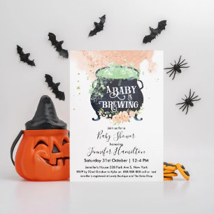 a baby is brewing Halloween Baby Shower Peach Invitation