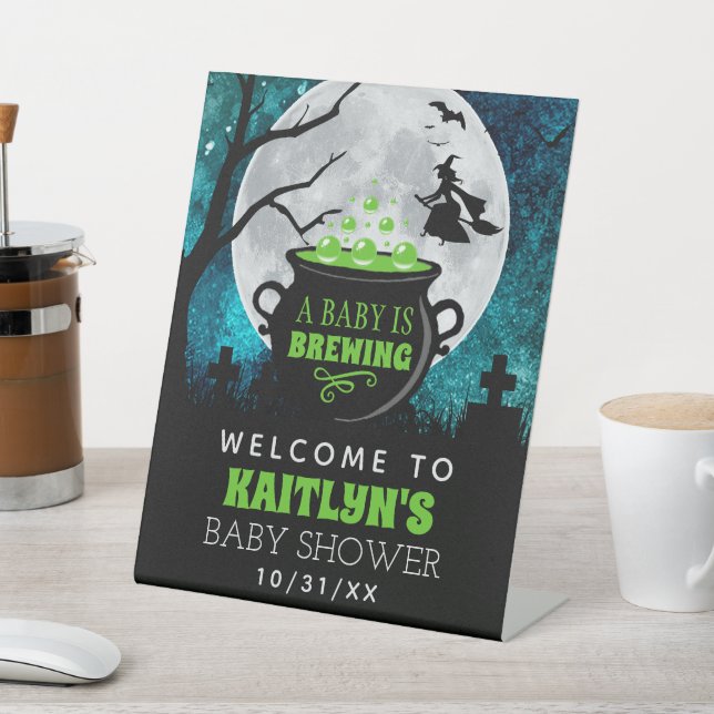 A Baby Is Brewing Halloween Baby Shower Welcome Pedestal Sign (In SItu)