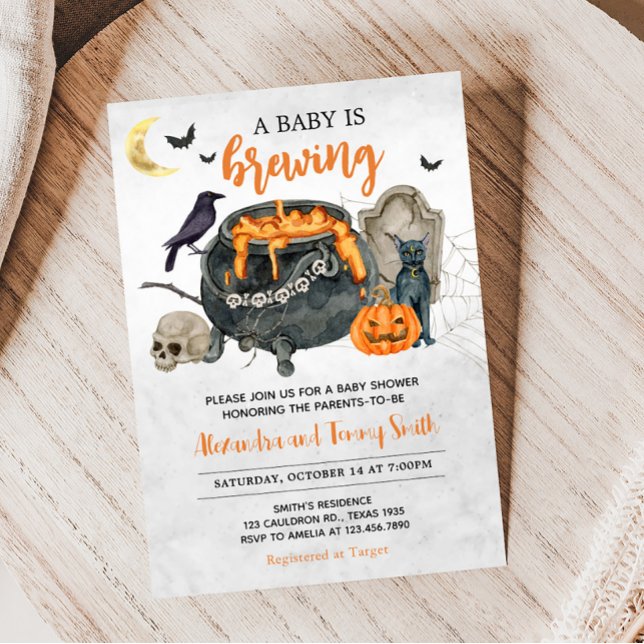 A Baby is Brewing Orange Halloween Baby Shower Invitation (Orange Halloween Baby Shower Invitation)