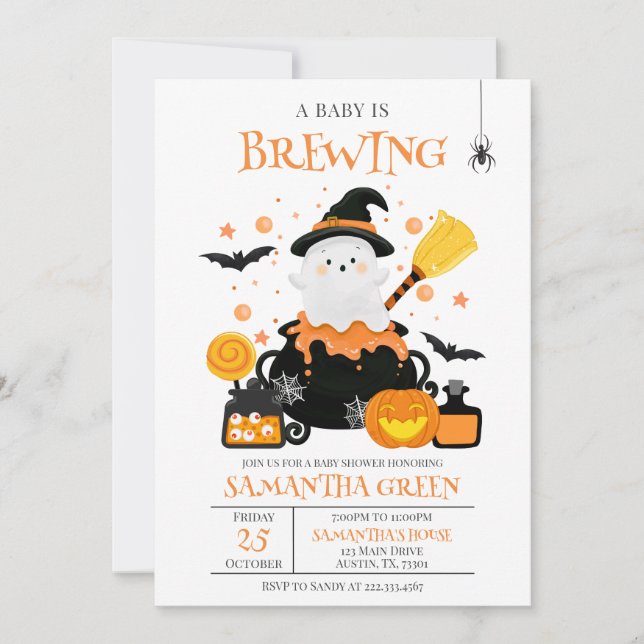 A Baby is Brewing Orange Halloween Baby Shower Invitation (Front)