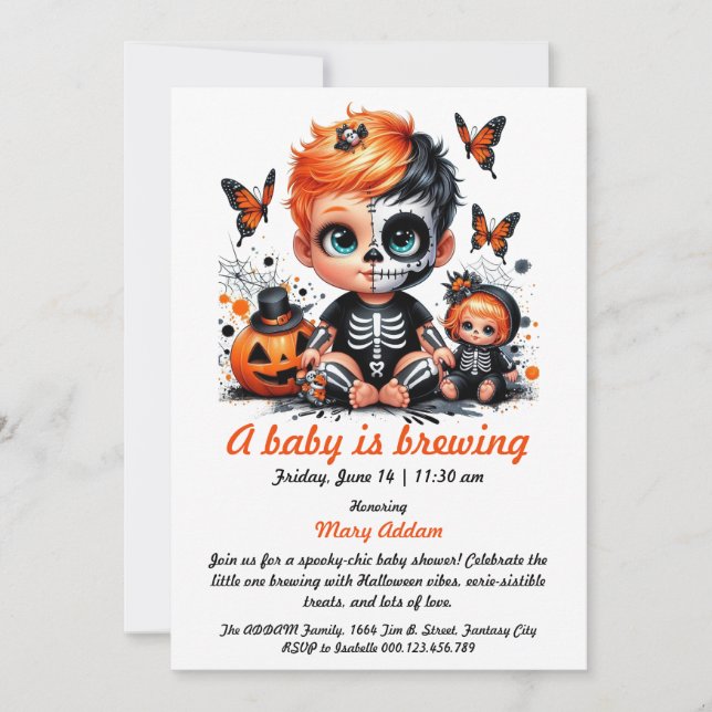 A Baby is Brewing, Orange Halloween Baby Shower Invitation (Front)