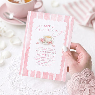 A Baby is Brewing Pink Flower Girl Baby Shower Tea Invitation