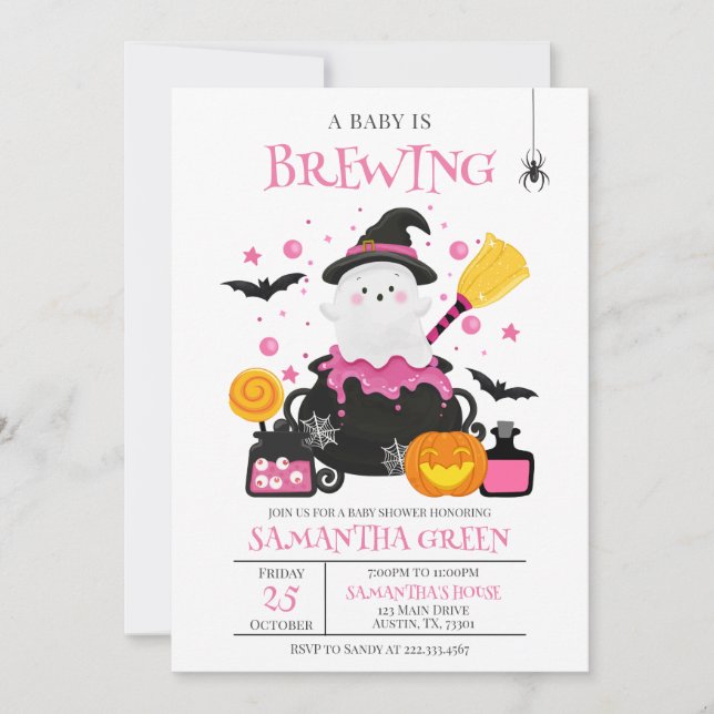 A Baby is Brewing Pink Halloween Baby Shower Invitation (Front)