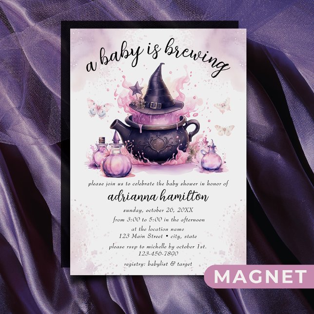 A Baby Is Brewing Pink Halloween Baby Shower  Magnetic Invitation (Creator Uploaded)