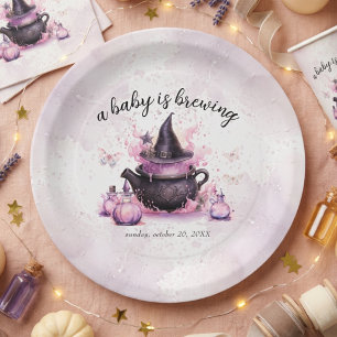 A Baby Is Brewing Pink Halloween Baby Shower  Paper Plate