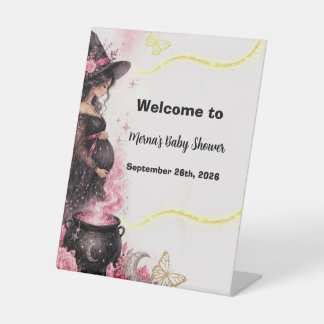 A Baby is Brewing Pink Halloween Baby Shower Pedestal Sign