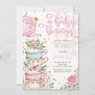 A Baby Is Brewing Pink Rose Tea Party Invitation