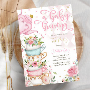 A Baby Is Brewing Pink Rose Tea Party Invitation