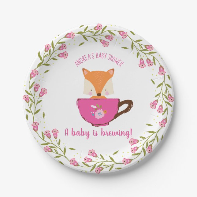 A Baby is Brewing Pink Teacup Baby Girl Shower Paper Plate (Front)