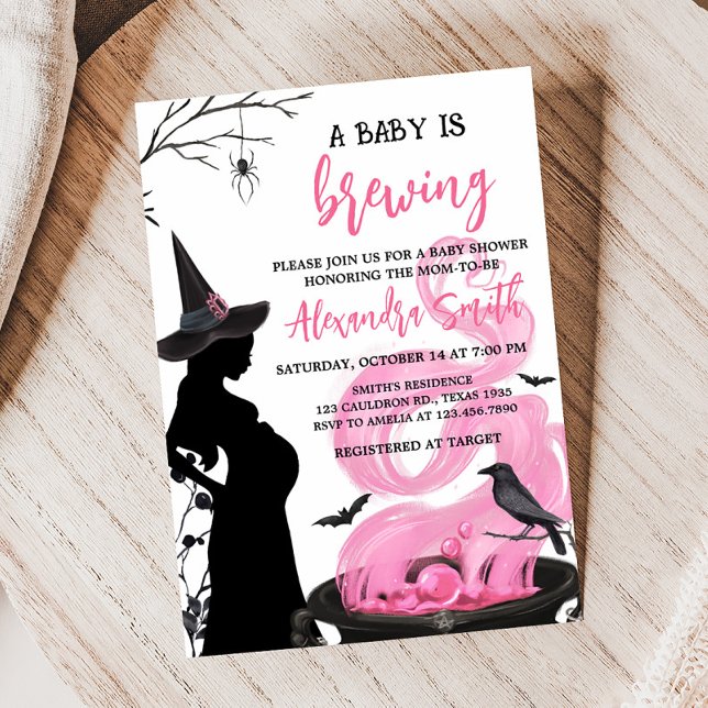 A Baby is Brewing Pink Witch Baby Shower Invitation (Pink Witch Baby Shower Invitation)