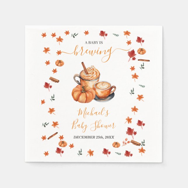 A Baby Is Brewing Pumpkin Spice Coffee Baby Shower Napkin (Front)
