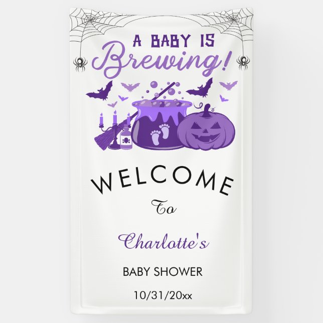 A Baby Is Brewing Purple Halloween Baby Shower Banner (Vertical)