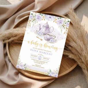A Baby is Brewing Purple Tea Party Shower Invitation