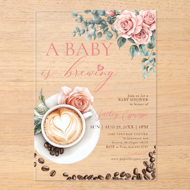 A Baby is Brewing Romantic Coffee Baby Shower Acrylic Invitations (Front)