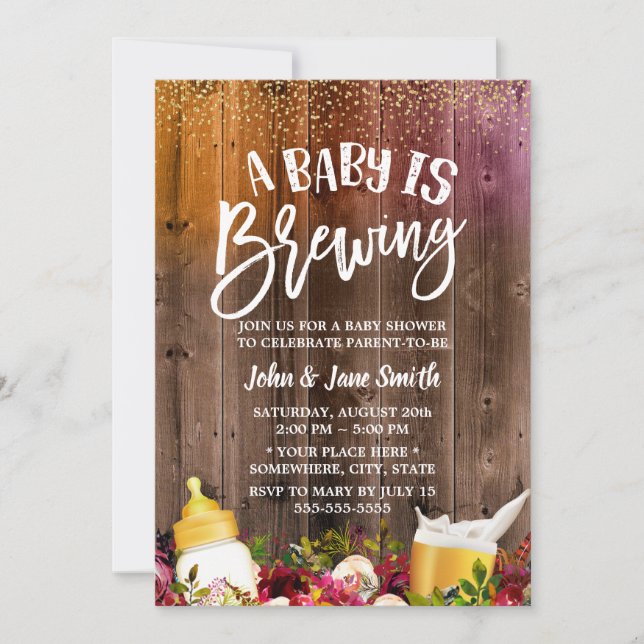 A Baby is Brewing Rustic Beer & Flower Baby Shower Invitation (Front)