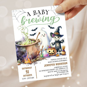 A Baby is Brewing Sage Green Halloween Baby Shower Invitation