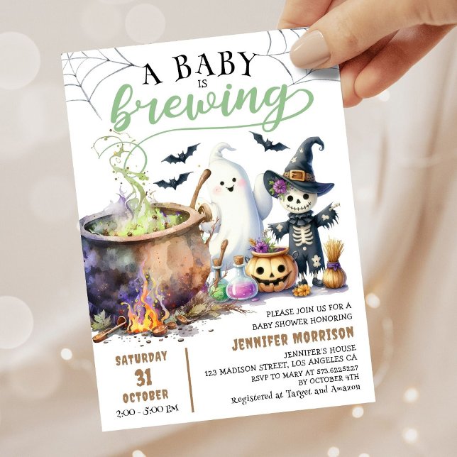 A Baby is Brewing Sage Green Halloween Baby Shower Invitation (Creator Uploaded)