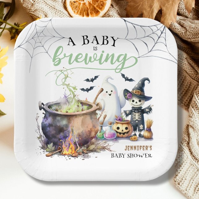 A Baby is Brewing Sage Green Halloween Baby Shower Paper Plate (Creator Uploaded)