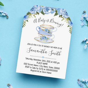 A Baby is brewing tea baby shower blue invitation