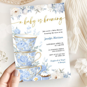 A Baby is Brewing Tea Baby Shower Boy Blue Gold  Invitation