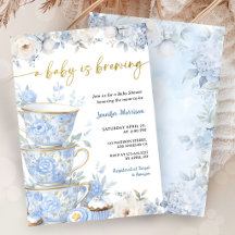 A Baby Is Brewing Tea Baby Shower Boy Blue Gold