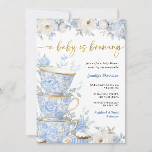 A Baby Is Brewing Tea Baby Shower Boy Blue Gold  Invitation
