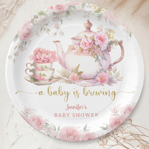 A Baby Is Brewing Tea Baby Shower Pink Floral Paper Plate