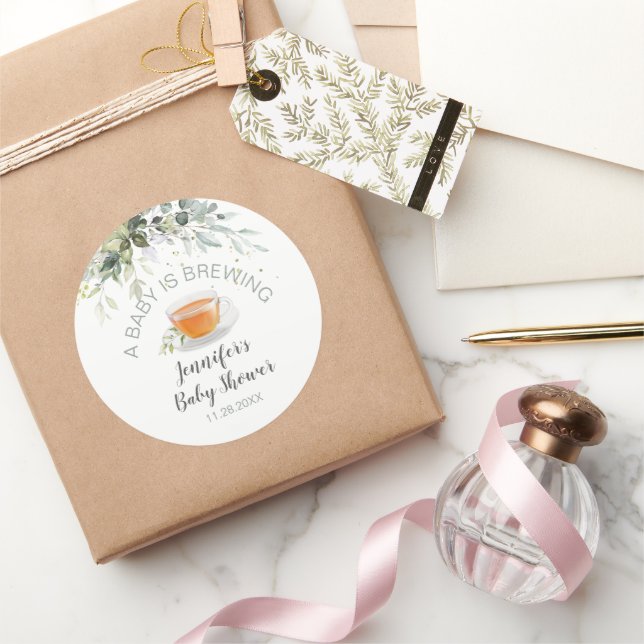 A baby is brewing Tea Party Baby Shower Classic Round Sticker (Gifting)