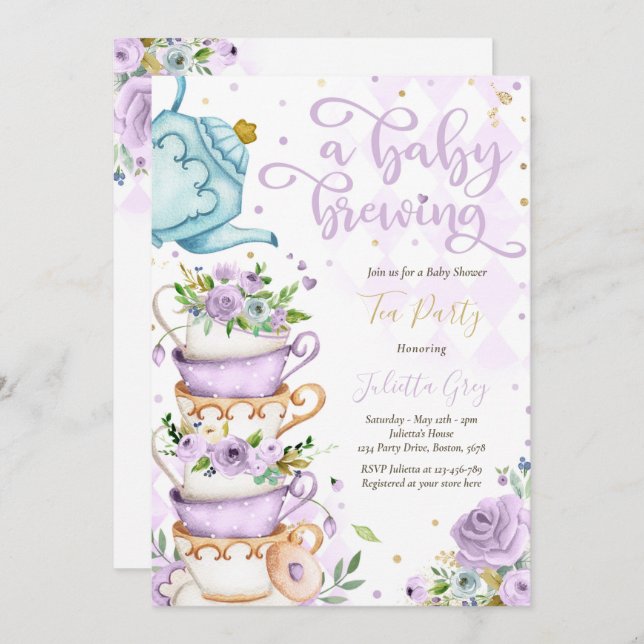 A Baby Is Brewing Tea Party Baby Shower Lilac Rose Invitation (Front/Back)