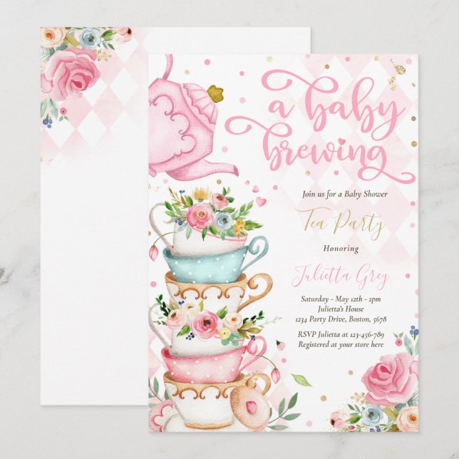 A Baby Is Brewing Tea Party Baby Shower Pink Roses Invitation (Front/Back)