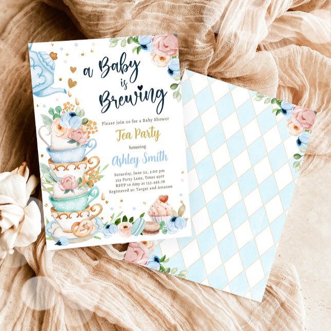 A Baby is Brewing Tea Party Blue Baby Shower Invitation (Creator Uploaded)