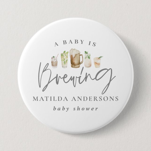 A baby is brewing watercolour beer baby shower 7.5 cm round badge (Front)