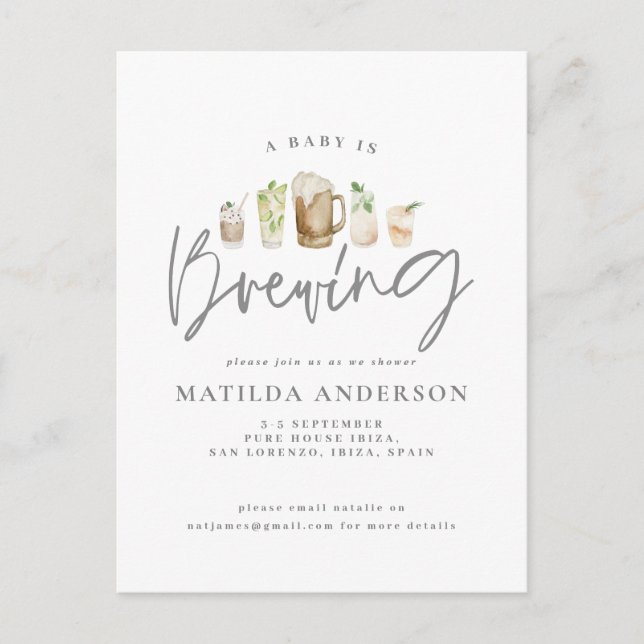 A baby is brewing watercolour beer baby shower ann holiday postcard (Front)