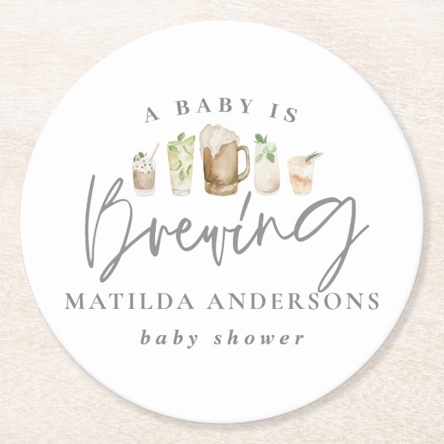 A baby is brewing watercolour beer baby shower  round paper coaster (Front)
