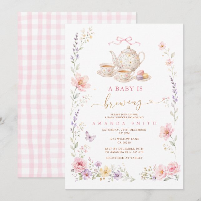 A Baby Is Brewing Wildflower macaron Invitation (Front/Back)