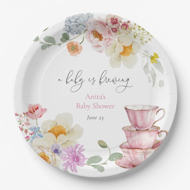 A Baby is Brewing Wildflower Tea Baby Shower Paper Plate (Front)