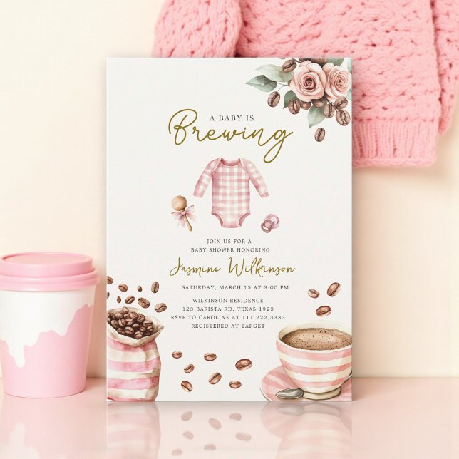 a babys brewing pink baby shower invitation (Creator Uploaded)