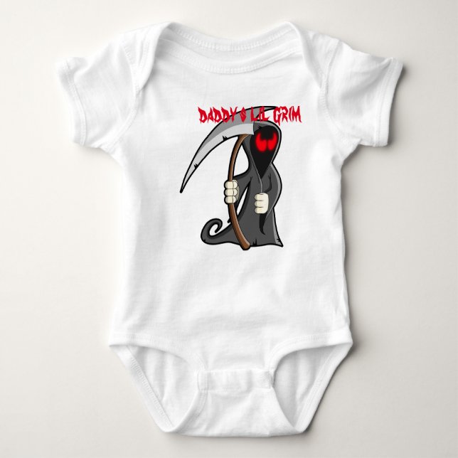 a babys vest with a lil grim reaper baby bodysuit (Front)