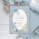 A Babysauraus is on the Way Cute Blue Baby Shower  Invitation<br><div class="desc">A babysaurus is on the Way theme with watercolor baby dinosaurs,  a blue bow,  greenery and a fancy blue scalloped frame.  Blue and cream polkadot back finish off this adorable design.  100% customer satisfaction with “Zazzle”</div>