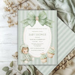 A Babysauraus is on the Way Sage Green Baby Invita Invitation<br><div class="desc">A babysaurus is on the Way theme with watercolor baby dinosaurs,  a blue bow,  greenery and a fancy green scalloped frame.  Sage green background stripe finish off this adorable design.  100% customer satisfaction with “Zazzle”</div>